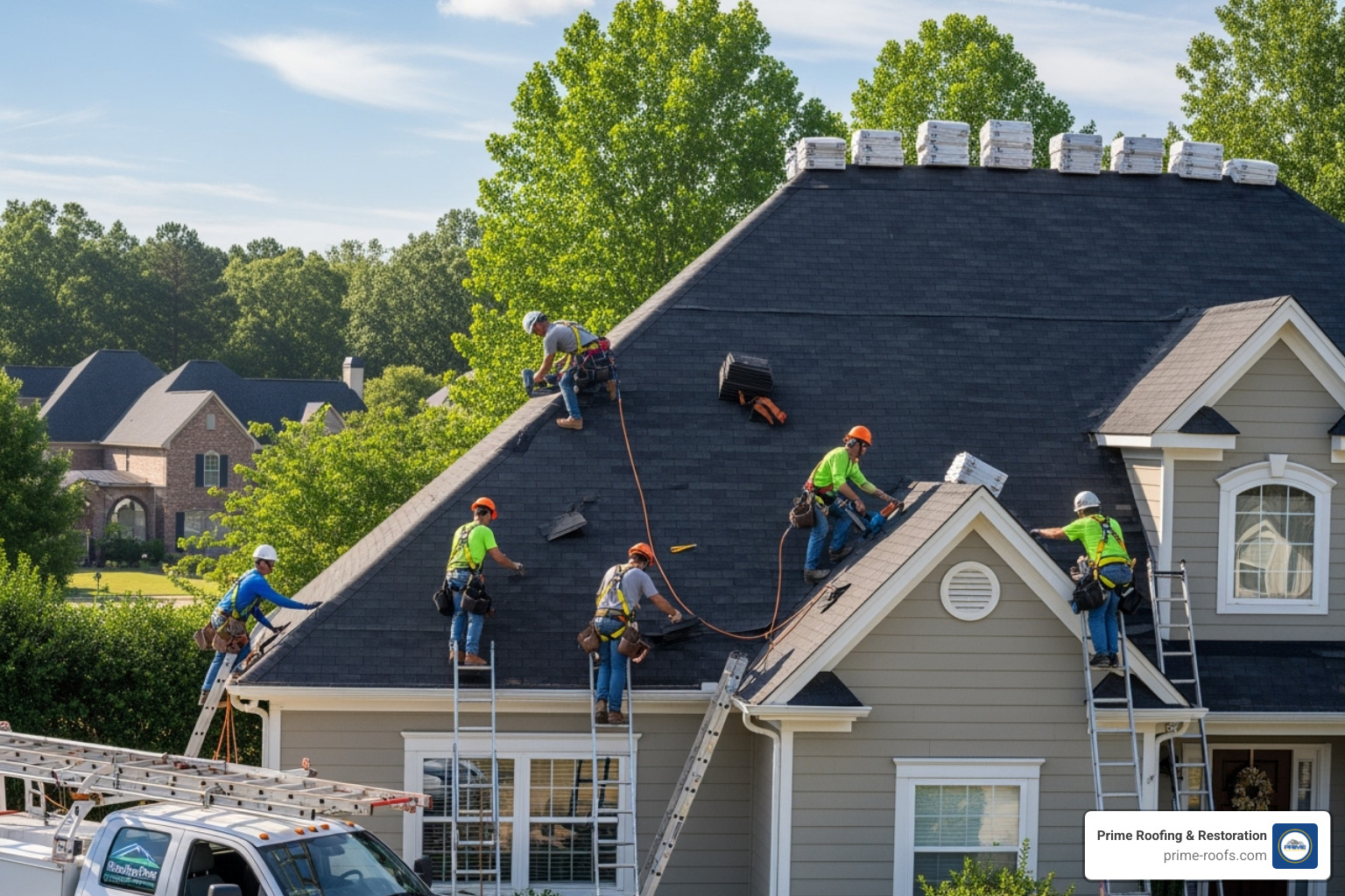 professional roofing crew working safely on a roof installation project - roof installation alabaster al