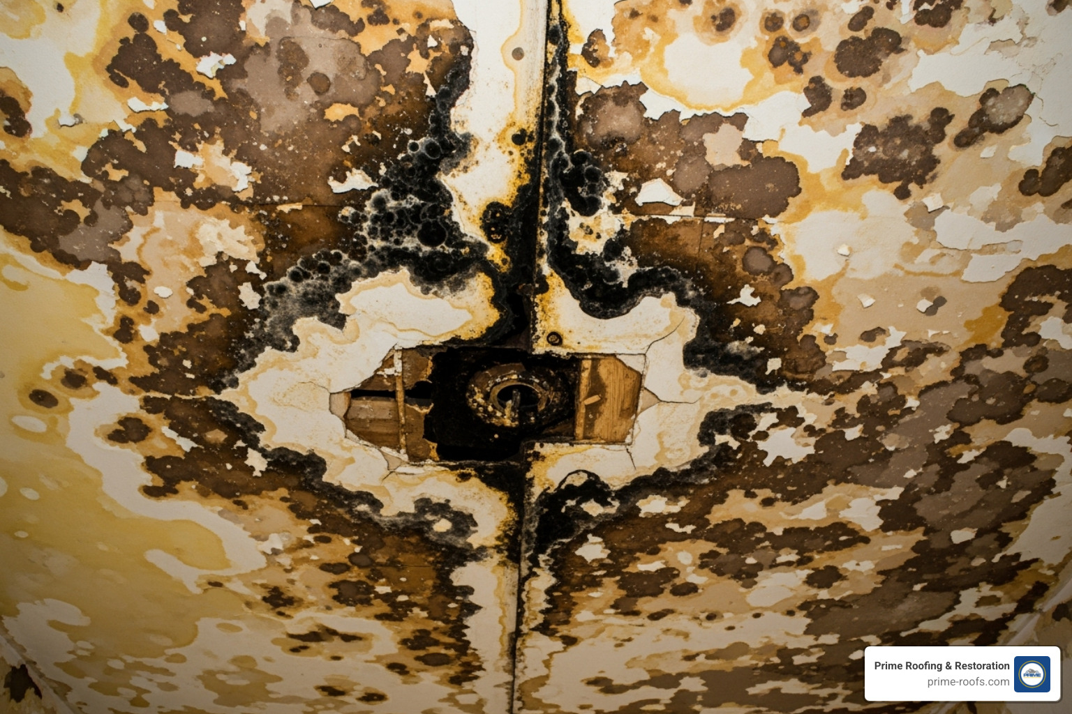 water stains and mold on a ceiling - 24/7 emergency roofing