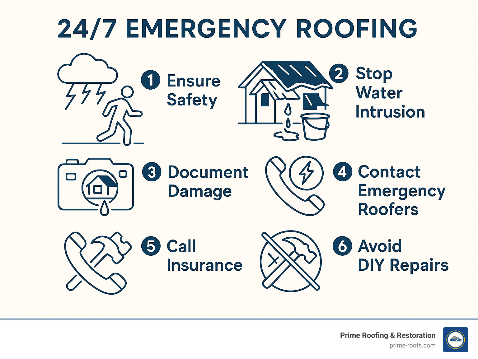Infographic showing immediate emergency roofing response steps: 1) Ensure safety and evacuate dangerous areas, 2) Stop water intrusion with buckets and tarps, 3) Document damage with photos, 4) Contact 24/7 emergency roofers, 5) Call insurance company, 6) Avoid DIY repairs on damaged roofs - 24/7 emergency roofing infographic infographic-line-5-steps-neat_beige