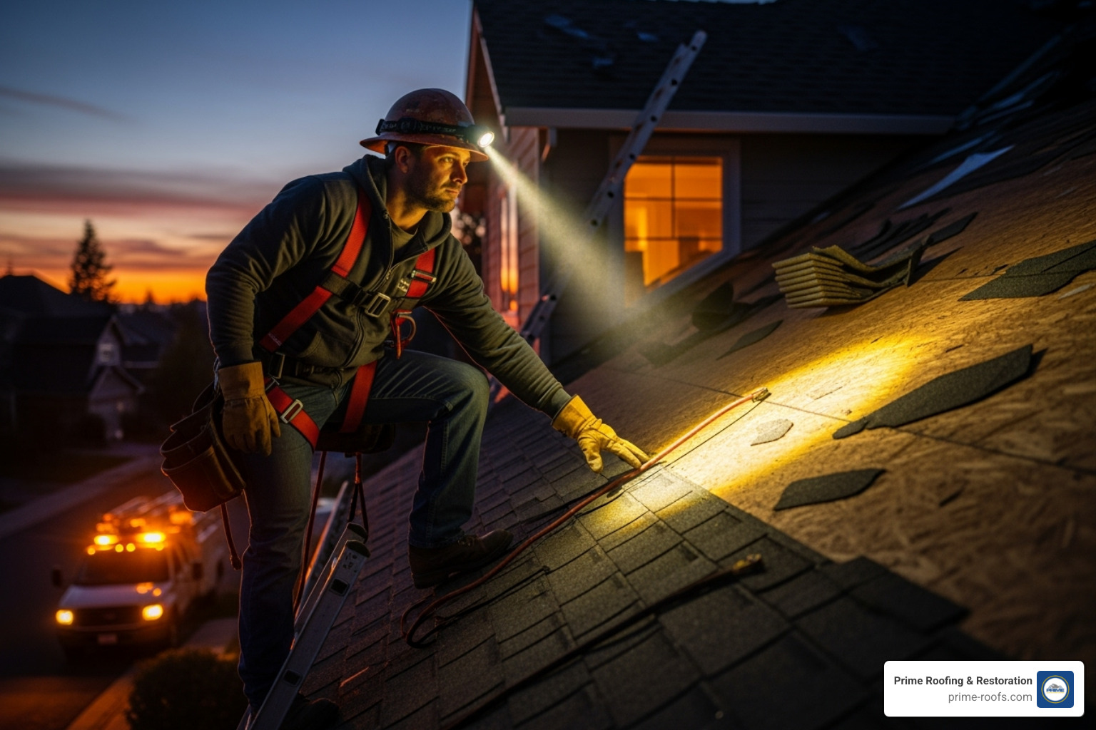 professional roofer inspecting a damaged roof - 24/7 emergency roofing