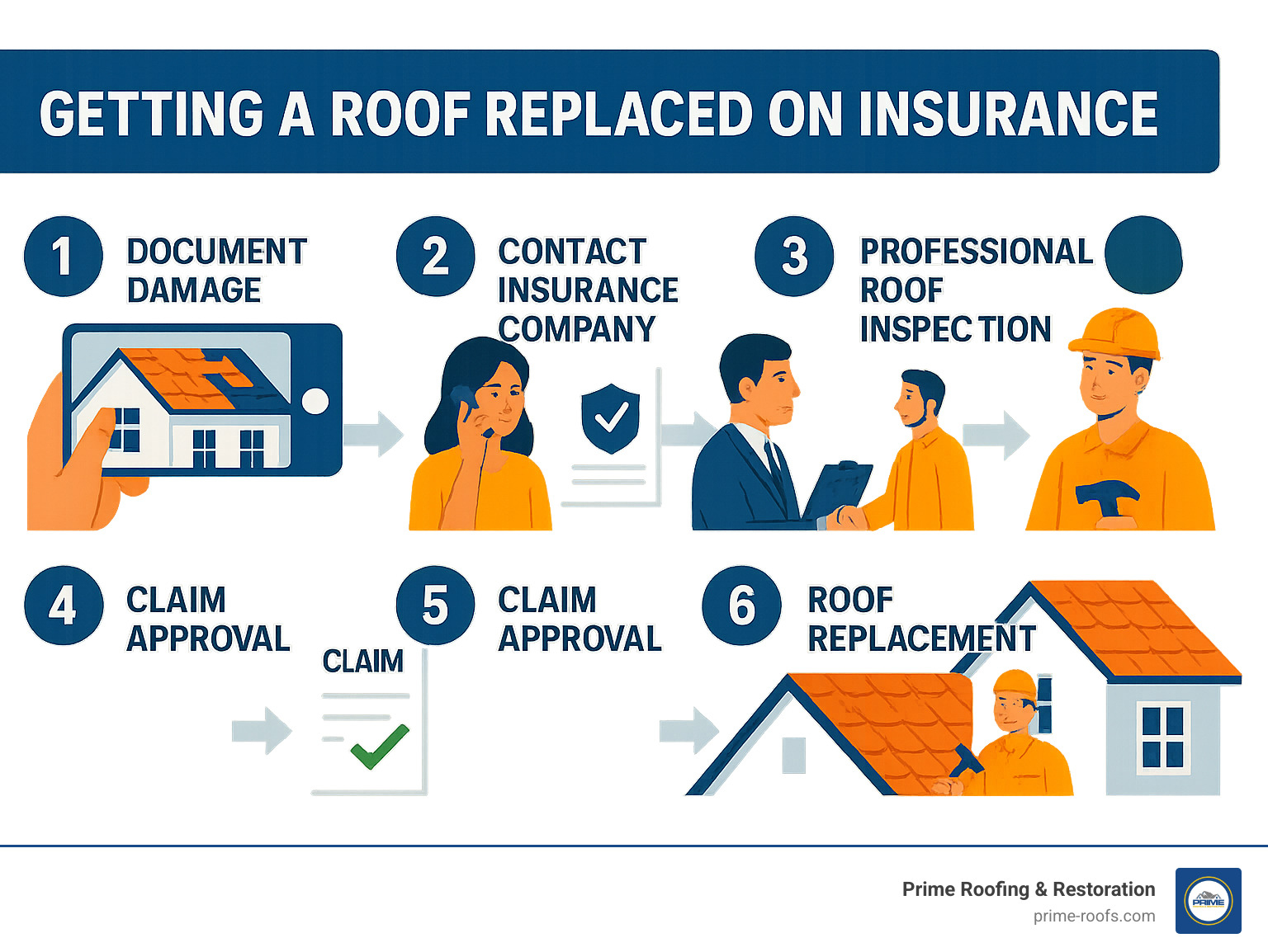 Infographic showing the 6 key stages of roof insurance claims: 1) Document damage with photos and videos, 2) Contact insurance company and file claim, 3) Professional roof inspection by contractor, 4) Insurance adjuster assessment meeting, 5) Claim approval and initial payment, 6) Roof replacement completion and final payment - getting a roof replaced on insurance infographic brainstorm-6-items Infographic showing the 6 key stages of roof insurance claims: 1) Document damage with photos and videos, 2) Contact insurance company and file claim, 3) Professional roof inspection by contractor, 4) Insurance adjuster assessment meeting, 5) Claim approval and initial payment, 6) Roof replacement completion and final payment - getting a roof replaced on insurance infographic brainstorm-6-items