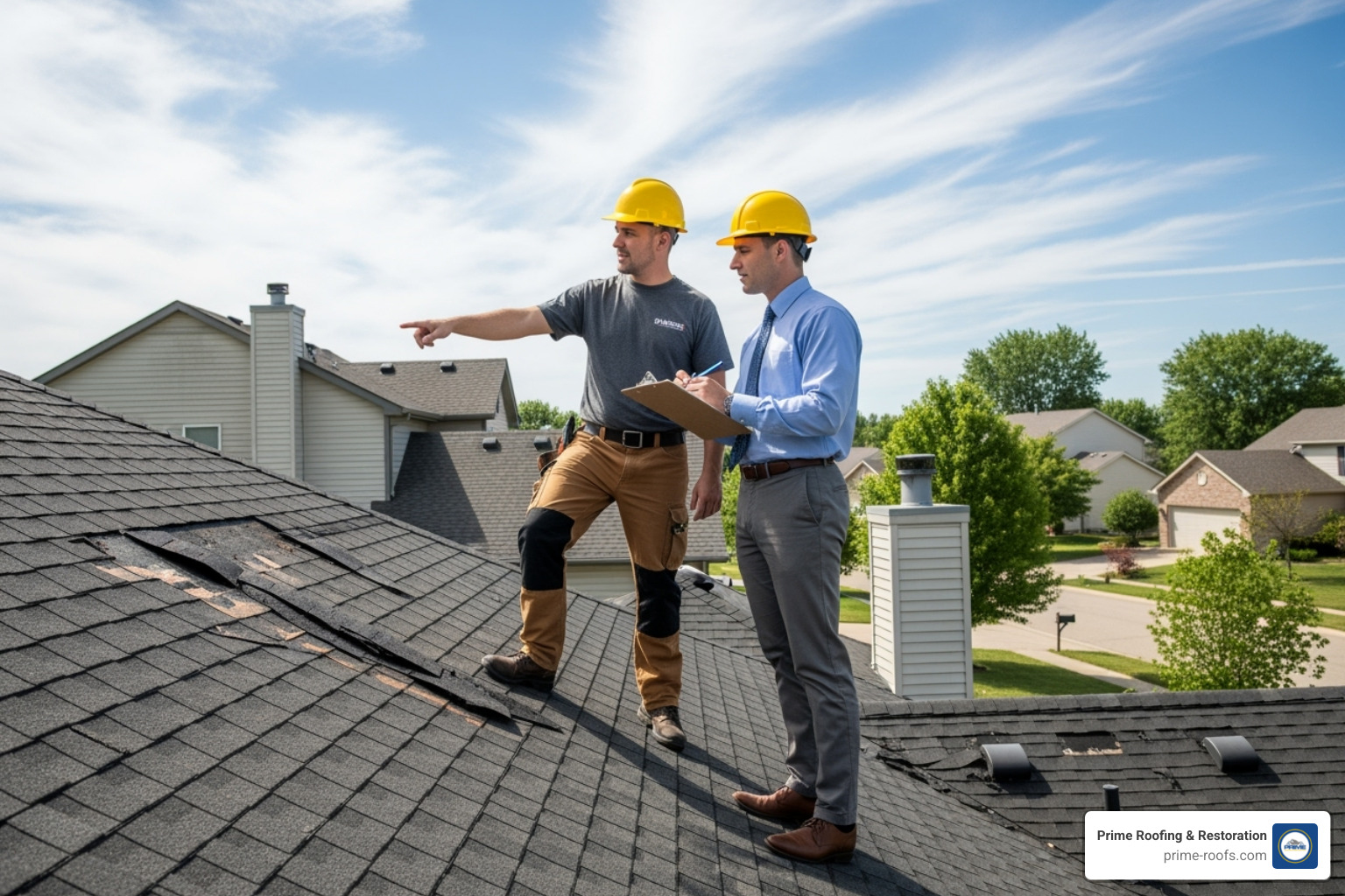 roofing contractor and an insurance adjuster inspecting a roof together - getting a roof replaced on insurance roofing contractor and an insurance adjuster inspecting a roof together - getting a roof replaced on insurance