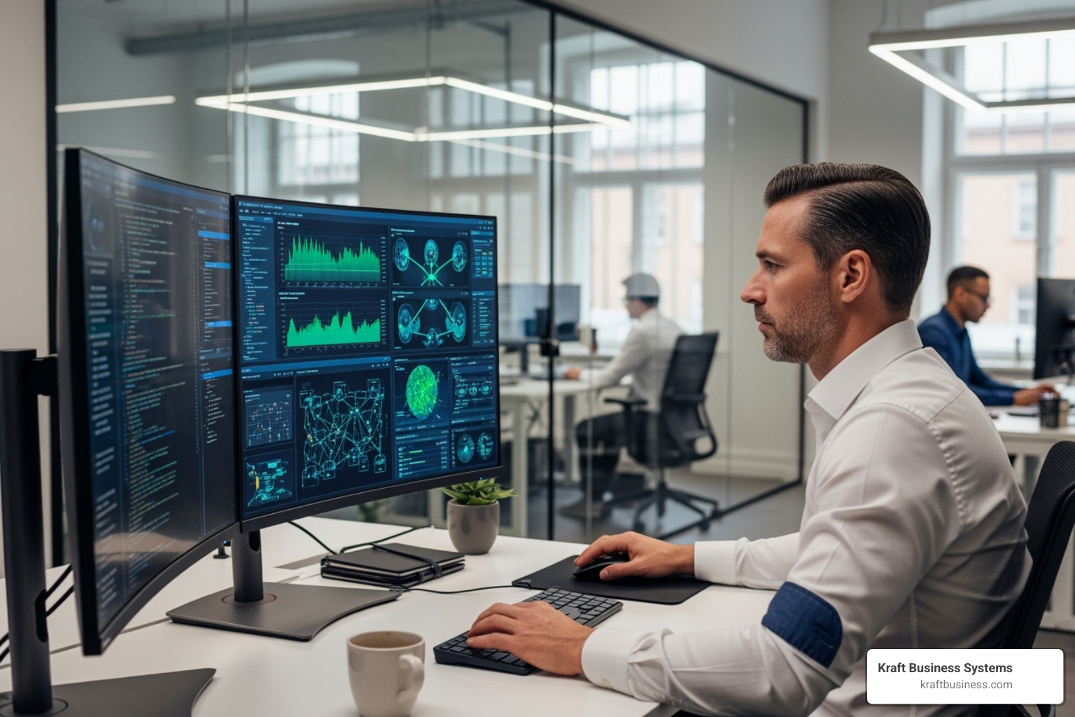 consultant working with advanced analytics software - cybersecurity consulting