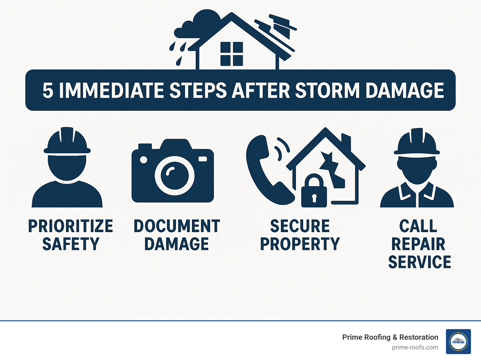 Infographic: 5 Immediate Steps After Storm Damage: 1. Prioritize Safety 2. Document Damage Thoroughly 3. Contact Your Insurance Provider 4. Secure Property to Prevent Further Harm 5. Call a Qualified Repair Service - storm damage repair services infographic 