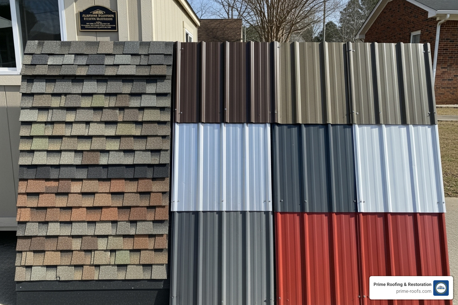 different roofing material samples like asphalt shingles and metal panels - Roofing contractor Alabaster AL