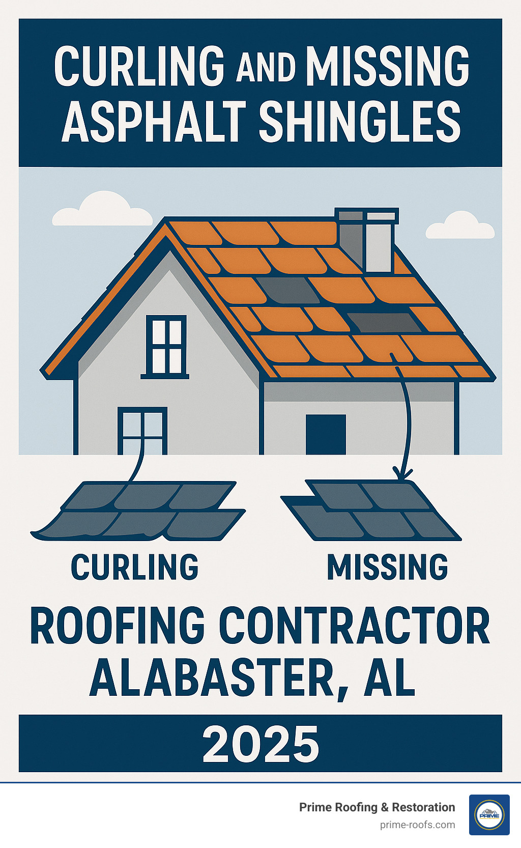 curling and missing asphalt shingles - Roofing contractor Alabaster AL