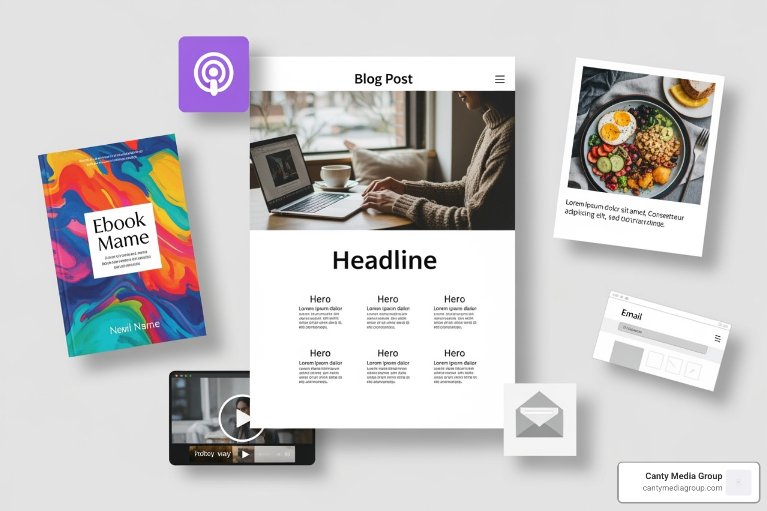 A collage showing different content formats like a blog post, an ebook cover, and a social media post - Professional content writing services