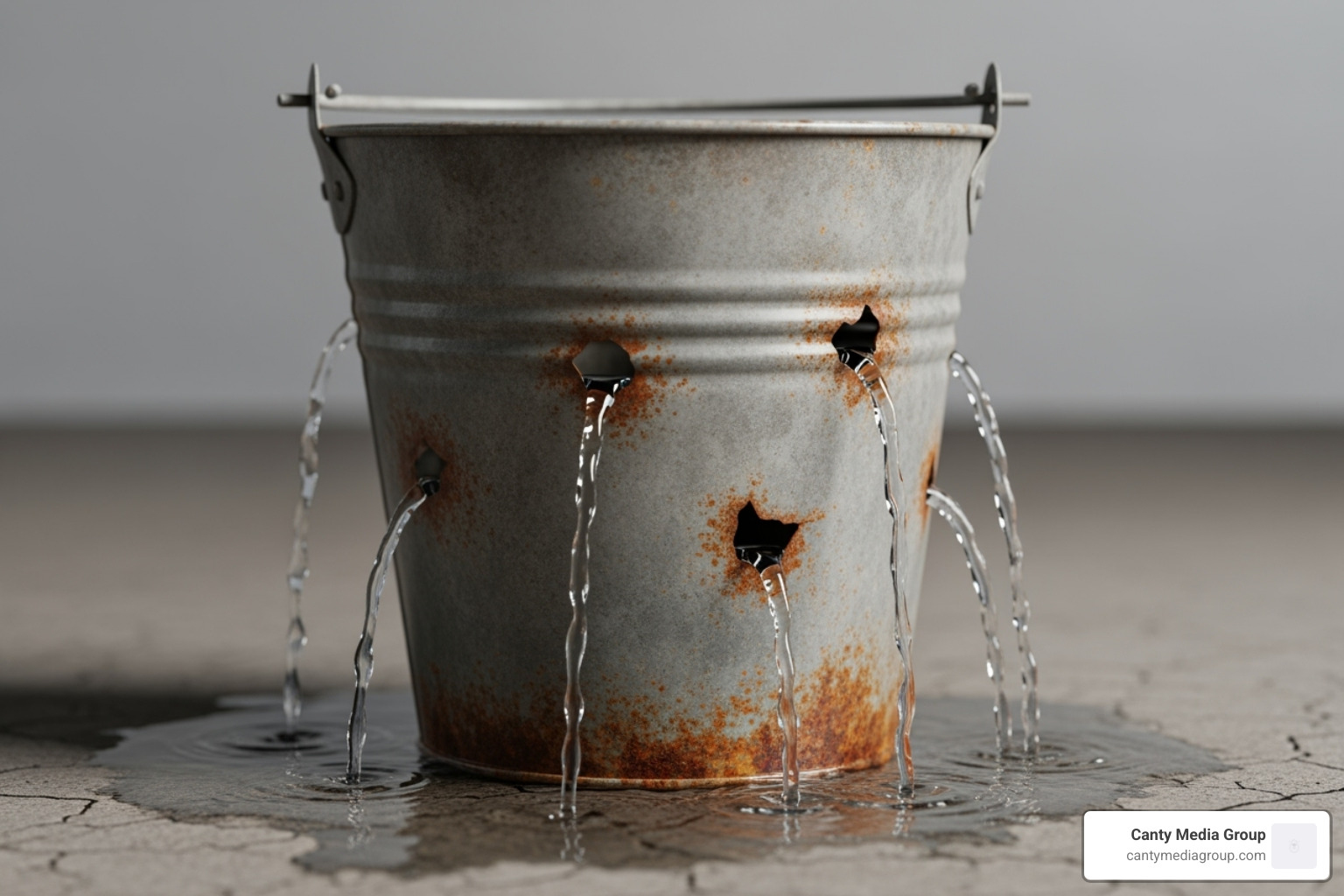 of a leaky bucket representing customer churn - low customer engagement