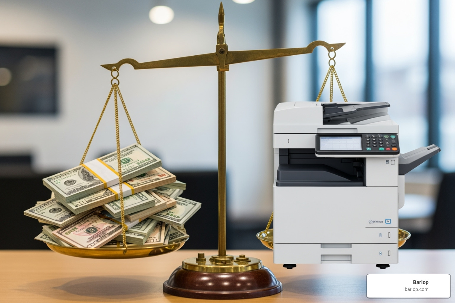scale balancing cash (leasing) and a copier (buying) - copy machine lease