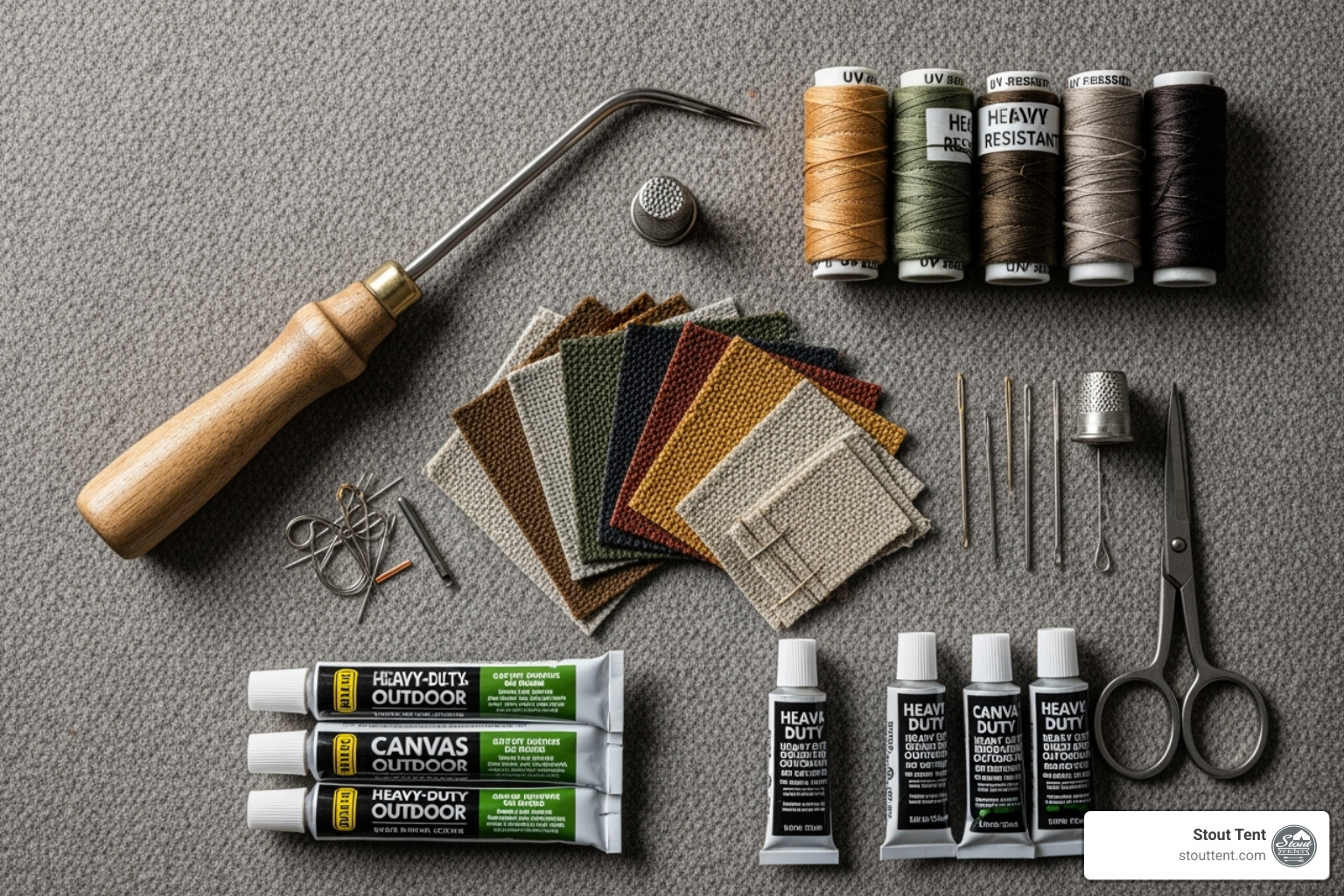 A well-organized canvas repair toolkit laid out on a blanket, showing various tools like a sewing awl, thread, patches, and glue. - Canvas tent repair