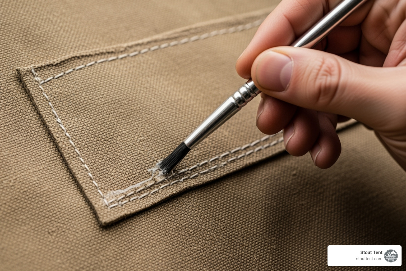 A close-up image of a hand applying seam sealer to the edge of a newly sewn patch on a canvas tent, with a focus on the precise application. - Canvas tent repair