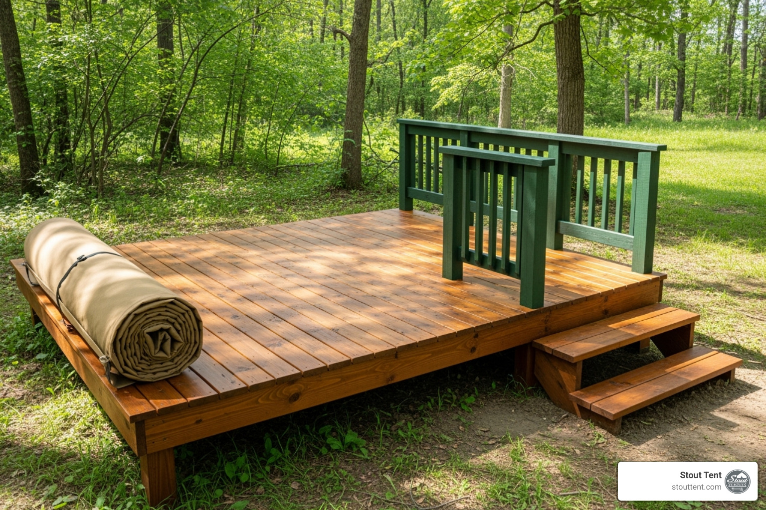 A finished platform with custom features like a small porch and a painted finish, showcasing customization possibilities - diy portable tent platform
