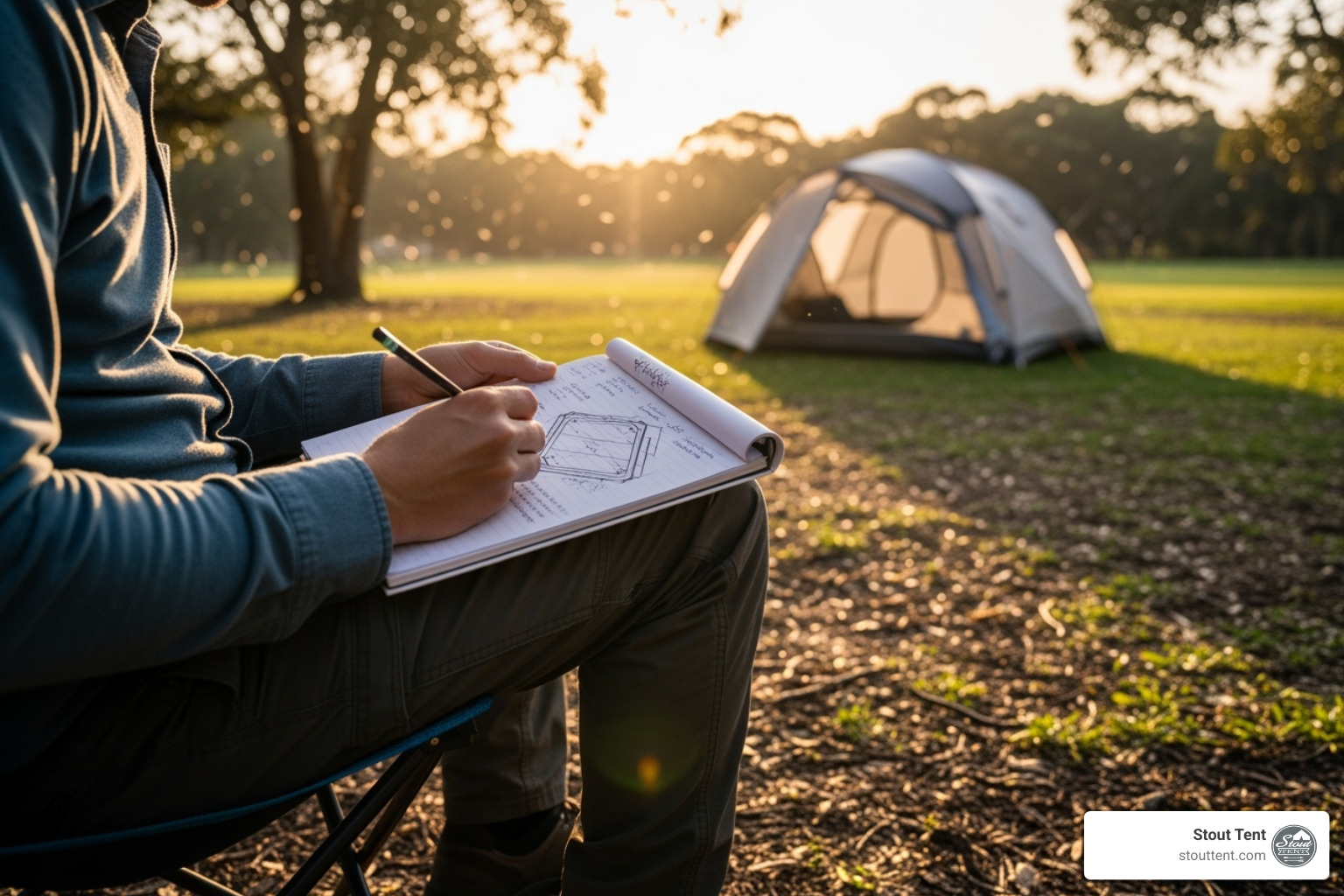 A person sketching a platform design on a notepad with a tent in the background, illustrating the planning phase - diy portable tent platform