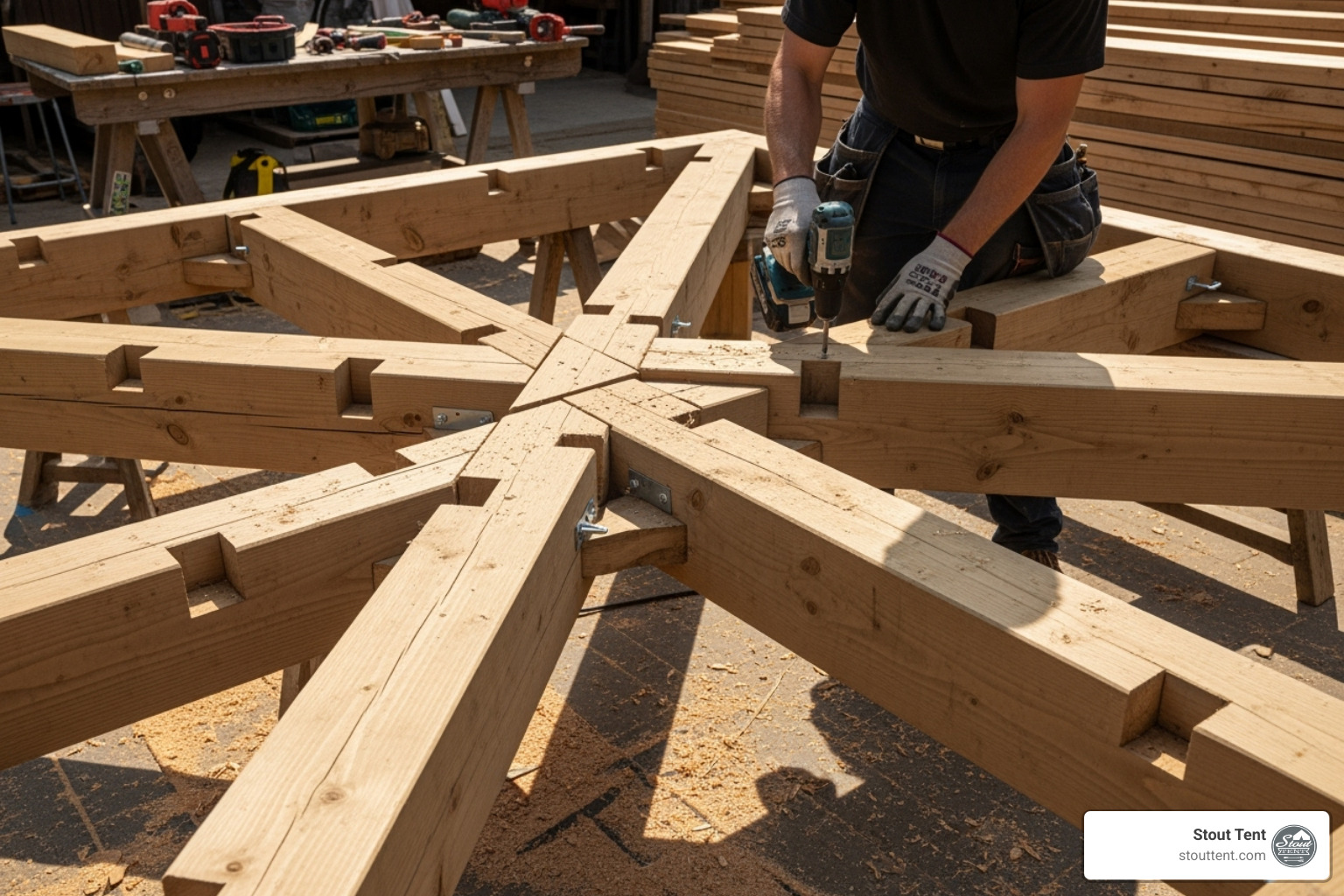 The modular frame construction in progress, showing a sturdy wooden frame - diy portable tent platform