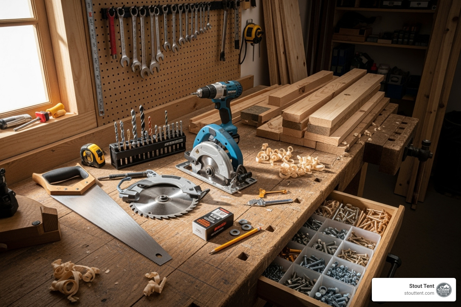 Necessary tools and hardware neatly laid out on a workbench, including saws, drills, wrenches, lumber, plywood, and fasteners - diy portable tent platform