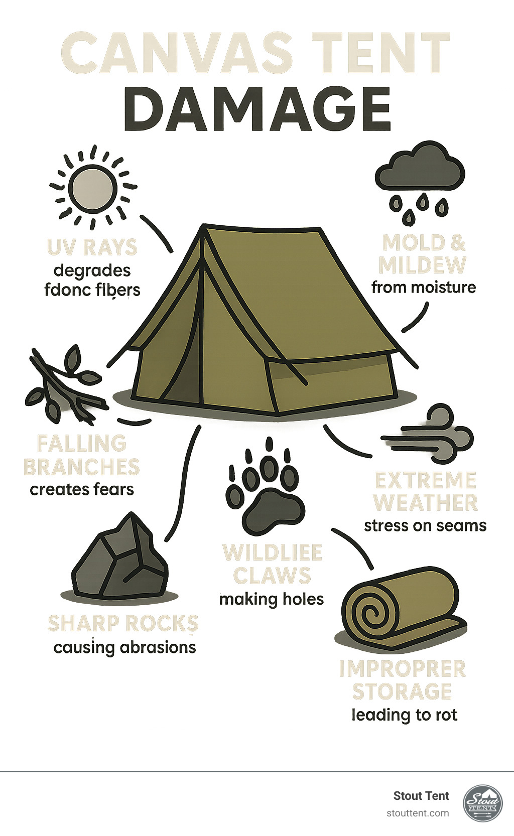 Infographic showing common causes of canvas tent damage including UV rays degrading fabric fibers, mold and mildew from moisture, falling branches creating tears, sharp rocks causing abrasions, wildlife claws making holes, extreme weather stress on seams, and improper storage leading to rot - Canvas tent repair infographic 