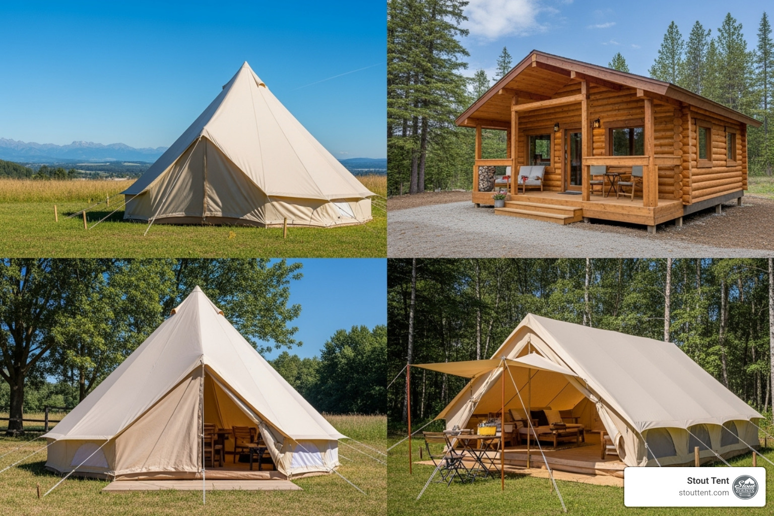 collage of a bell tent, cabin tent, and safari tent - fancy camping tents