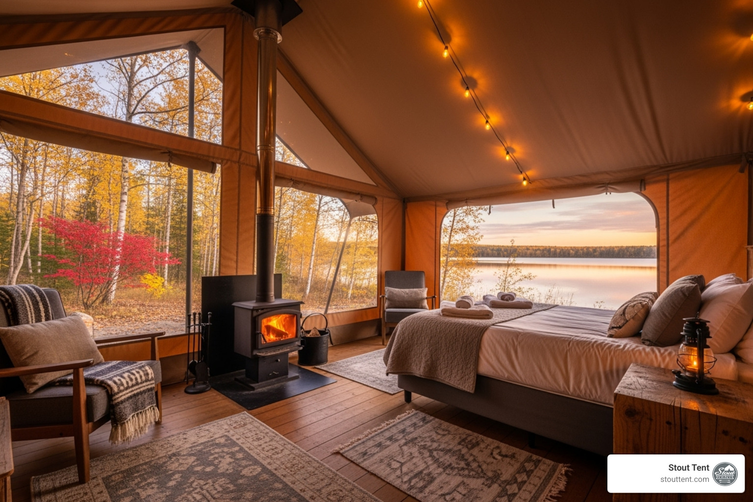 tent interior showing ample space, a stove jack, and large windows - fancy camping tents