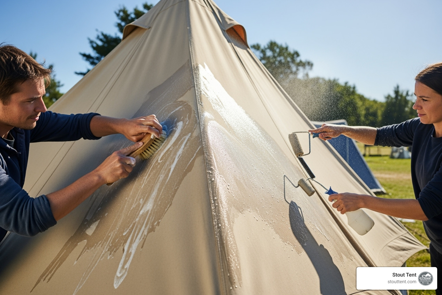 person properly cleaning or seasoning a canvas tent - fancy camping tents