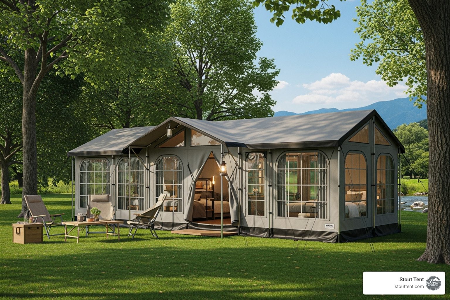 A large, modern cabin-style easy-pitch tent with multiple windows and a spacious interior, ready for family use - easy pitch family tent