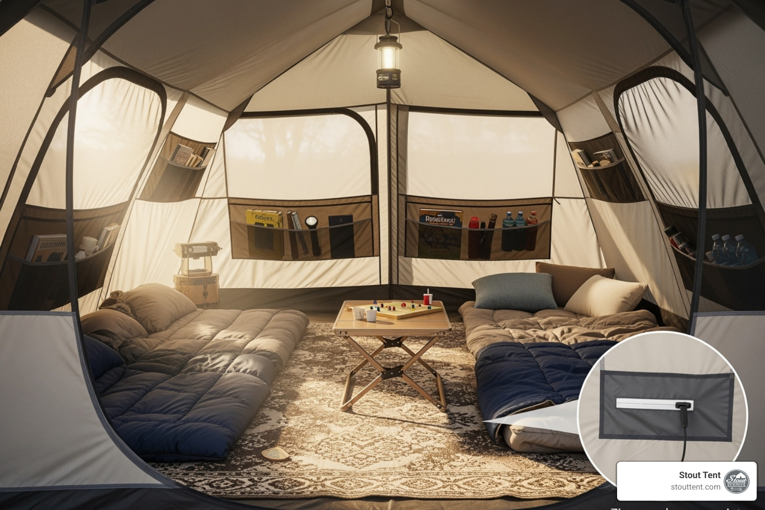 Interior of a spacious tent showing storage pockets, mesh windows, and an e-port - easy pitch family tent