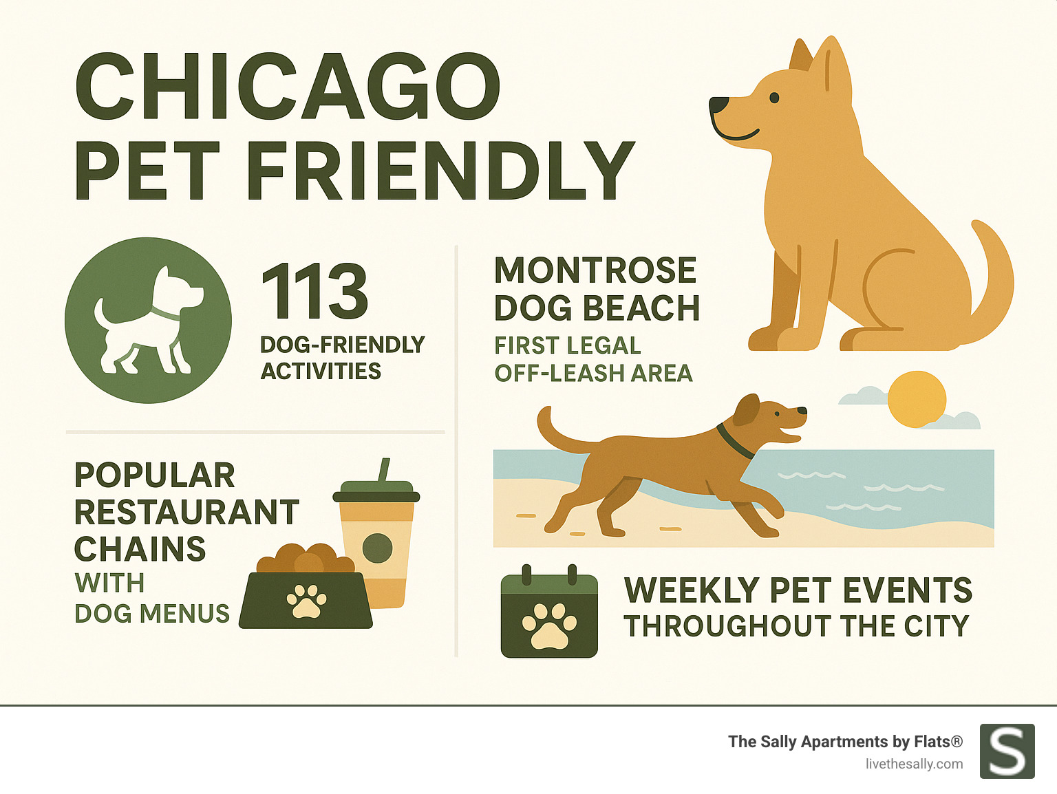 Infographic showing Chicago pet-friendly statistics: 113 dog-friendly activities, Montrose Dog Beach as the first legal off-leash area, popular restaurant chains with dog menus, and weekly pet events throughout the city - Chicago pet friendly infographic 