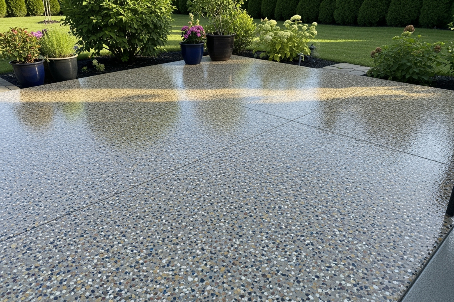 Patio floor coated with Penntek Flake/Chip system in Indianapolis, showing a clean, durable, and slip-resistan - Indianapolis Concrete Coating Service Reviews