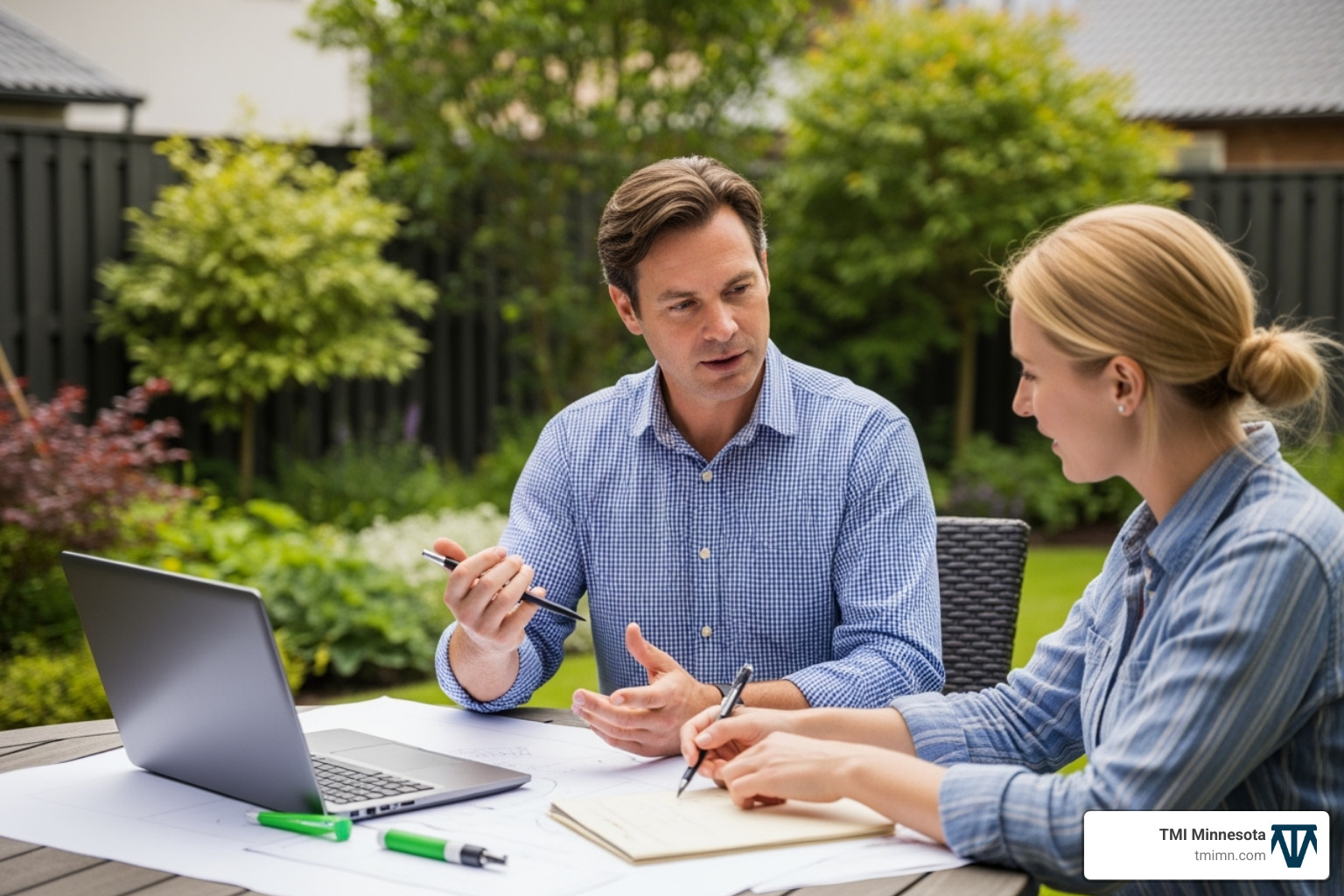 landscape designer discussing plan with homeowner - softscaping service landscape designer discussing plan with homeowner - softscaping service