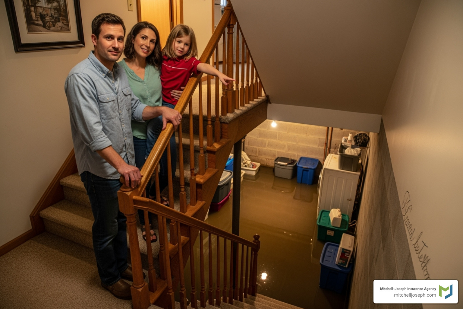 family looking at a flooded basement with relief, implying they are covered - do i have to have flood insurance family looking at a flooded basement with relief, implying they are covered - do i have to have flood insurance