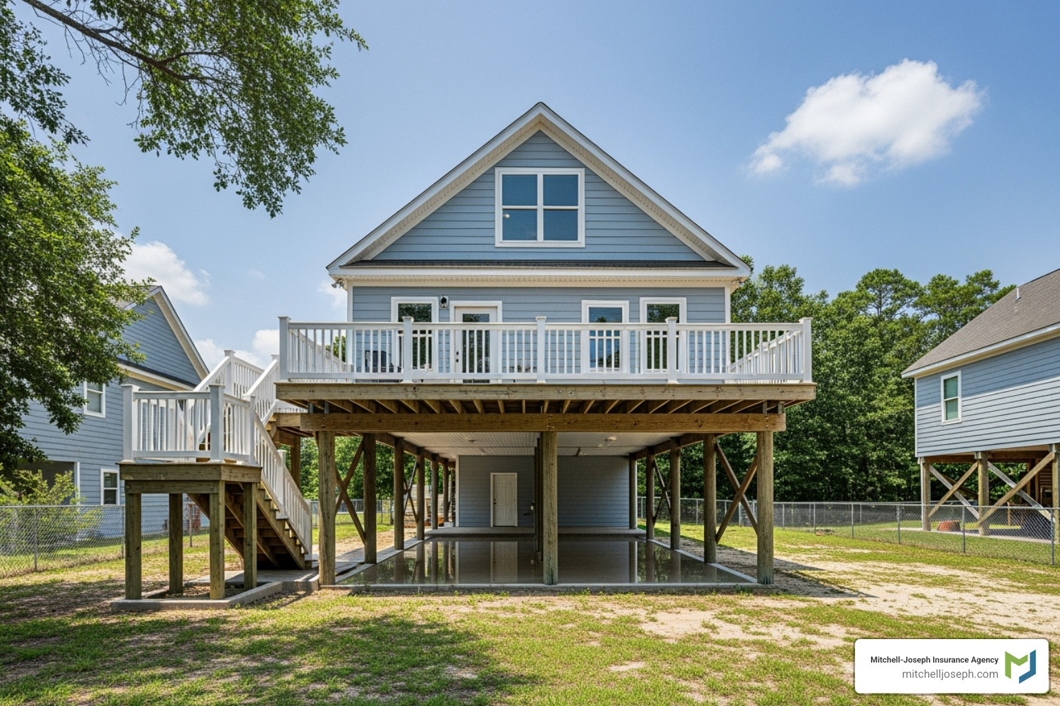 Home lifted on stilts with clear ground underneath - flood policy