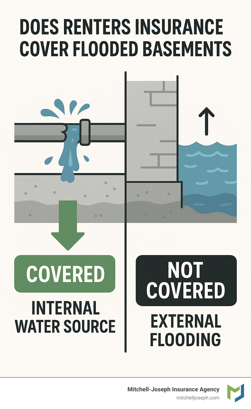 Infographic showing two basement flooding scenarios: on the left, a burst pipe labeled "COVERED - Internal Water Source" and on the right, flood water entering from outside labeled "NOT COVERED - External Flooding" with arrows indicating water sources and coverage status - does renters insurance cover flooded basements infographic 