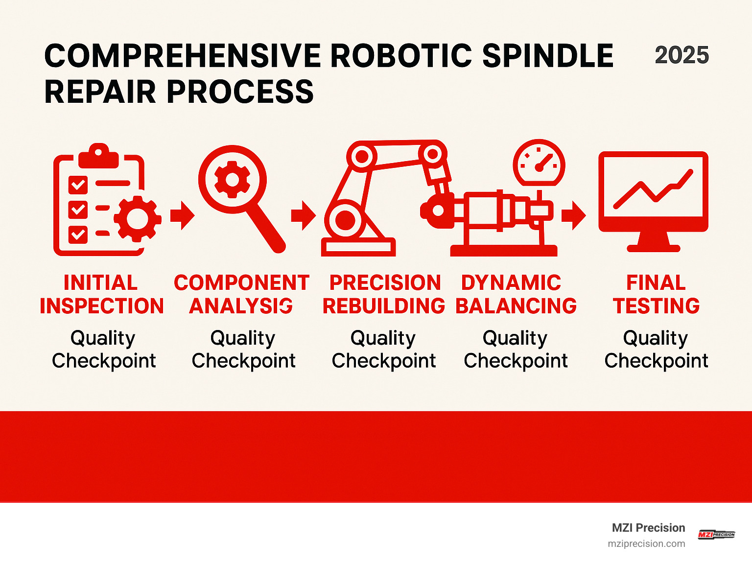 COMPREHENSIVE ROBOTIC SPINDLE REPAIR PROCESS SHOWING INITIAL INSPECTION, COMPONENT ANALYSIS, PRECISION REBUILDING, DYNAMIC BALANCING, AND FINAL TESTING PHASES WITH QUALITY CHECKPOINTS - ROBOTIC SPINDLE REPAIR INFOGRAPHIC 