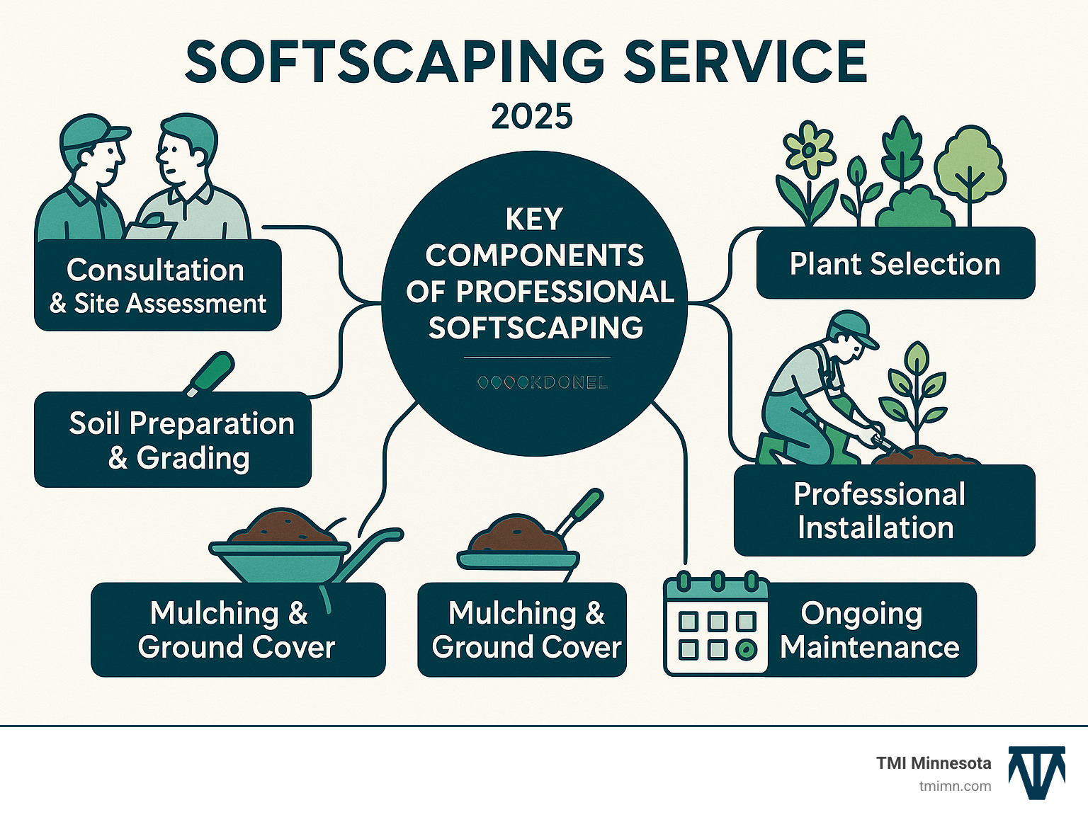 Infographic showing the core components of professional softscaping services: consultation and site assessment, plant selection based on climate and soil conditions, professional installation including trees shrubs and flowers, soil preparation and grading, mulching and ground cover, and ongoing maintenance planning - softscaping service infographic Infographic showing the core components of professional softscaping services: consultation and site assessment, plant selection based on climate and soil conditions, professional installation including trees shrubs and flowers, soil preparation and grading, mulching and ground cover, and ongoing maintenance planning - softscaping service infographic