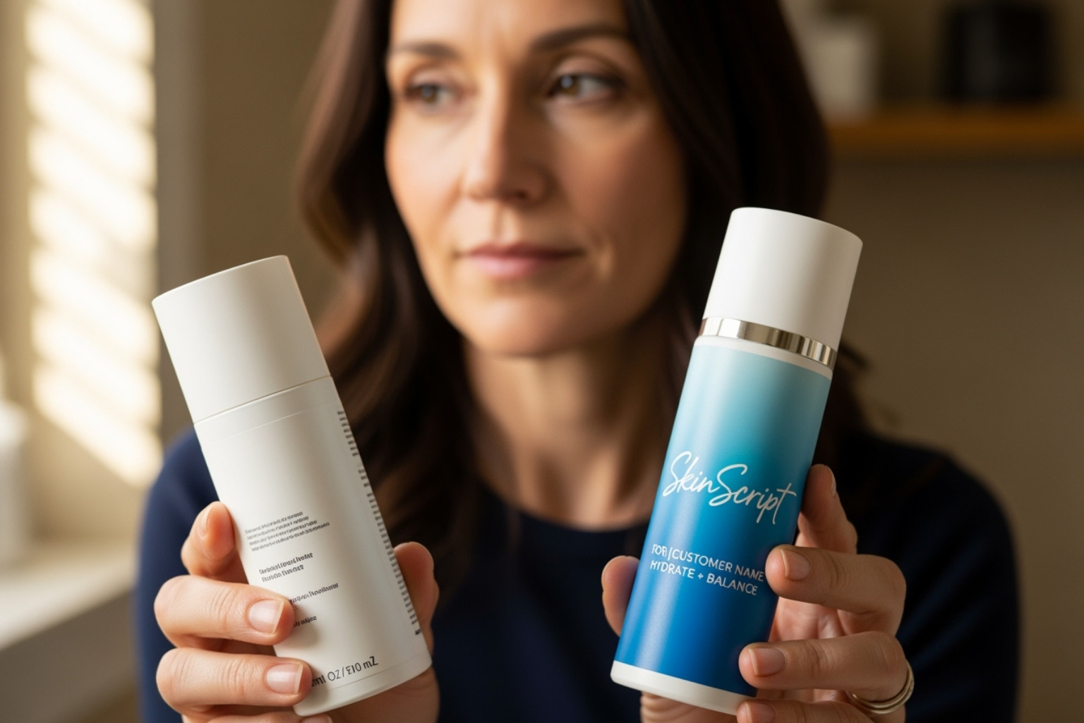 Person looking thoughtfully at two different skincare bottles, one generic and one personalized - Personalized skincare solutions