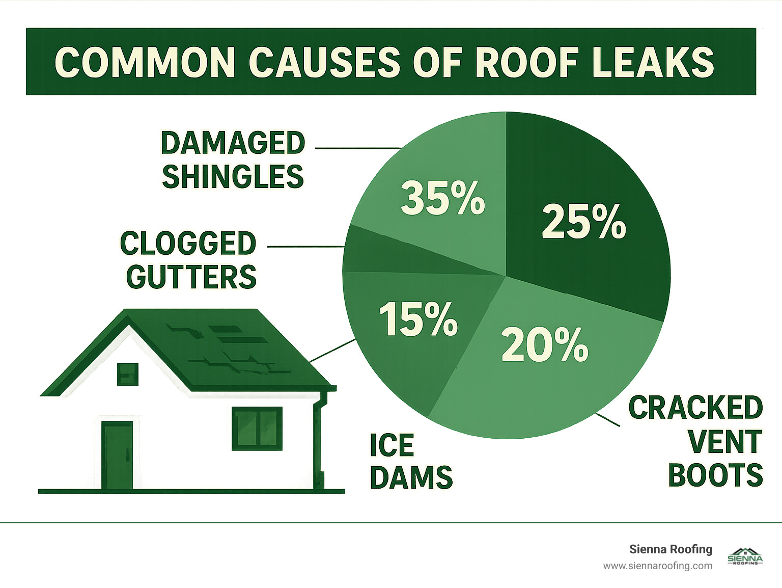 Common causes of roof leaks infographic showing damaged shingles at 35%, failing flashing at 25%, cracked vent boots at 20%, ice dams at 15%, and clogged gutters at 5% - roof leaks repair infographic 