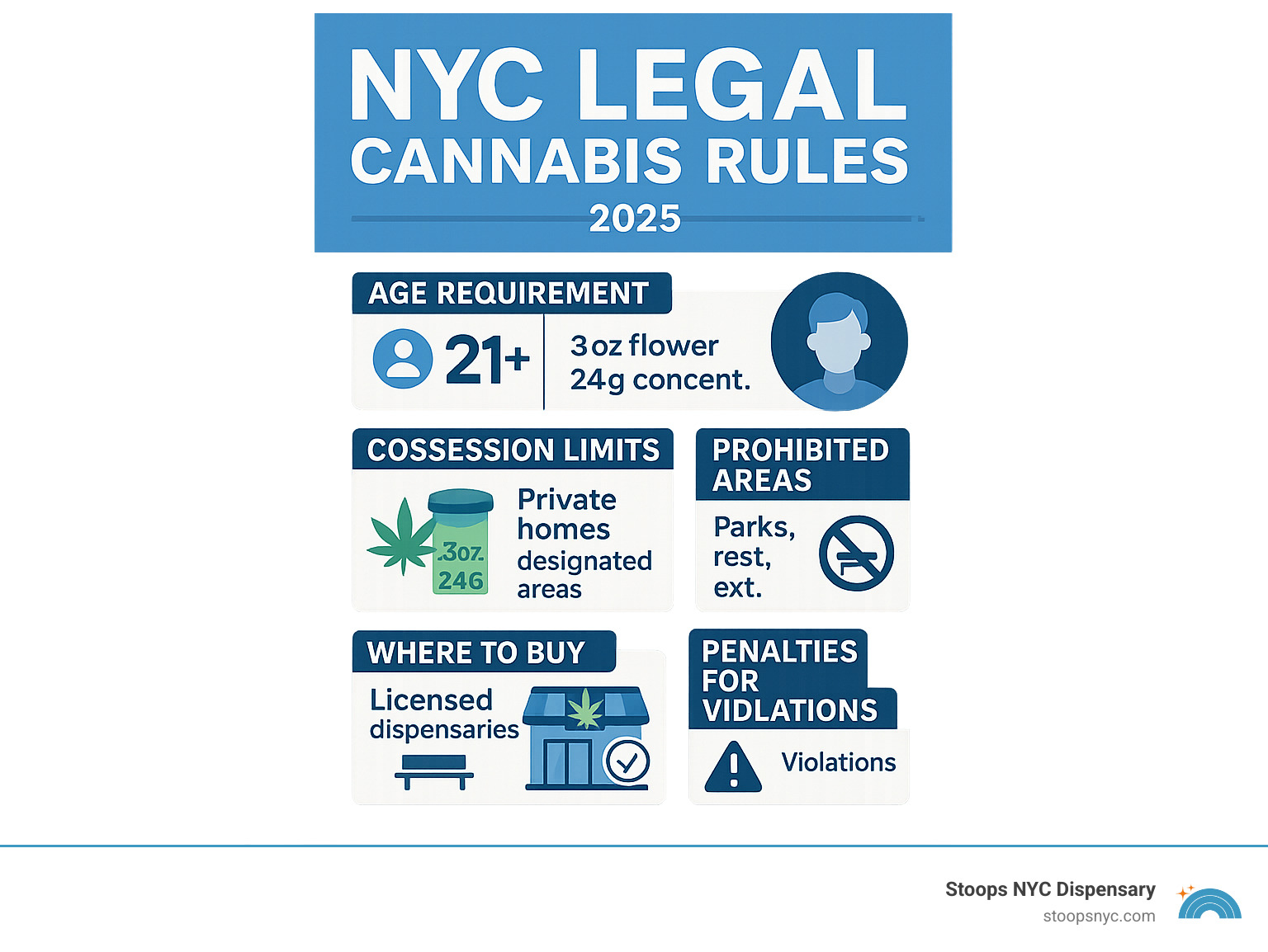 Comprehensive infographic showing NYC legal cannabis rules including age requirement of 21+, possession limits of 3 ounces flower and 24 grams concentrates, consumption allowed in private homes and designated areas, prohibited in public spaces like parks and restaurants, purchase only from licensed dispensaries with verification seals, and penalties for violations - NYC legal weed infographic 