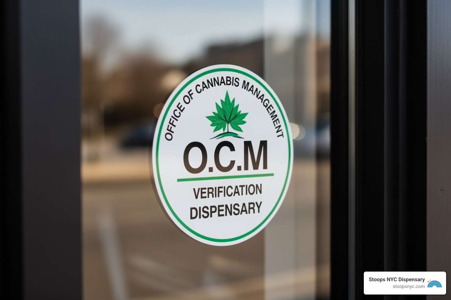 Official OCM (Office of Cannabis Management) verification sticker on a dispensary window - Union Square cannabis
