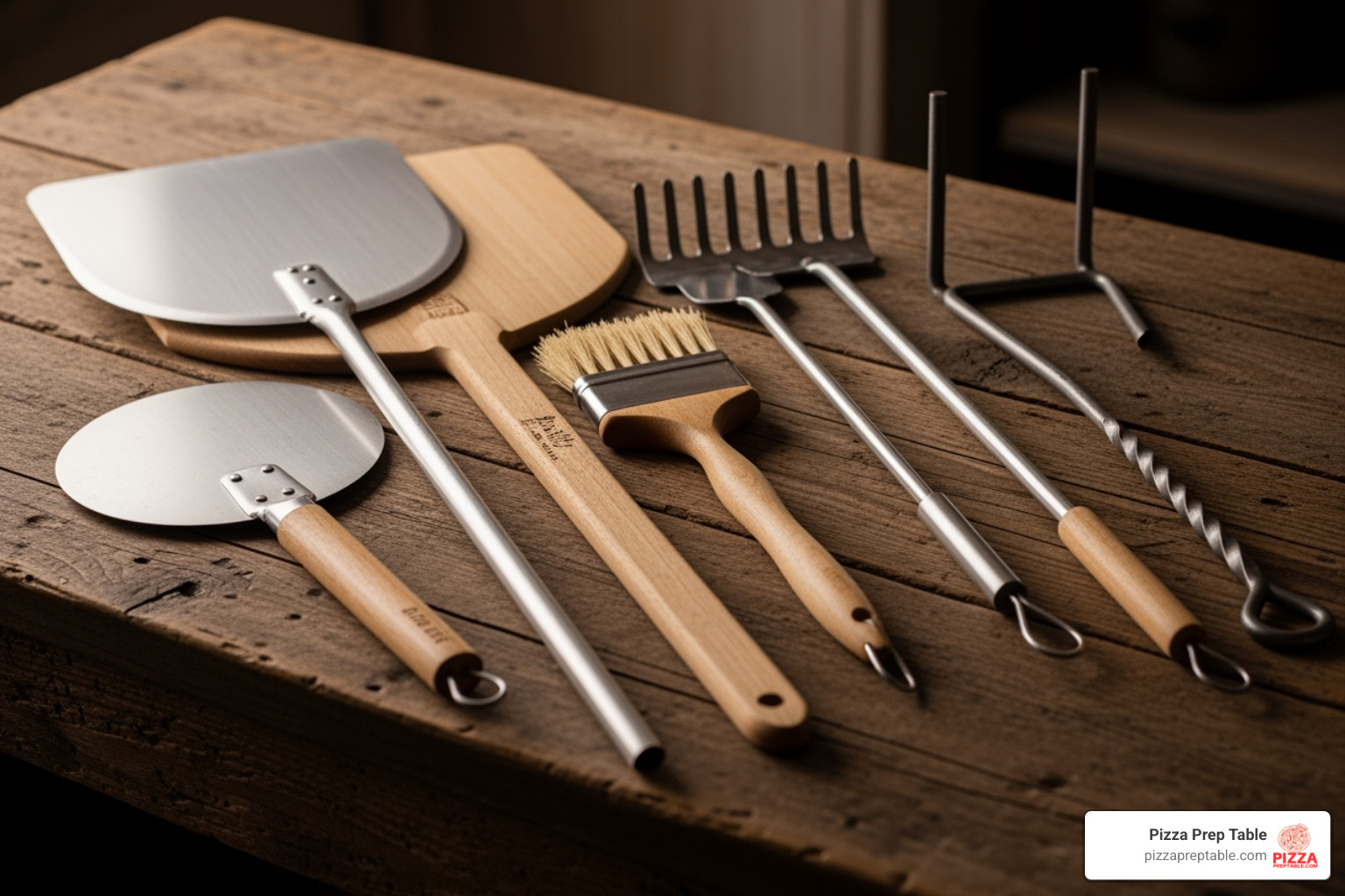 complete set of pizza oven tools, including peels, brushes, and an ash rake - commercial wood fired pizza oven
