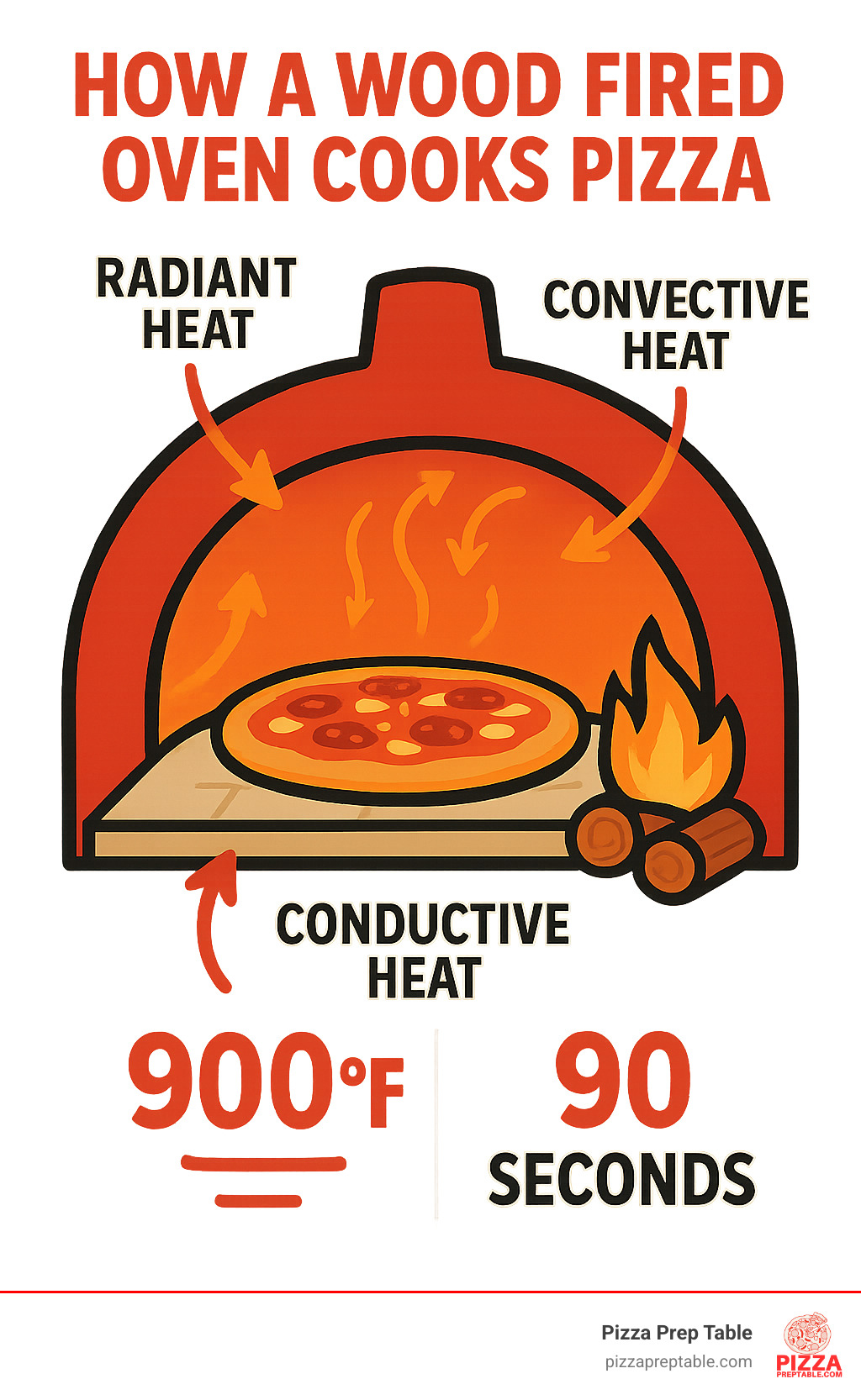 Infographic showing how radiant heat from the dome, convective heat from hot air circulation, and conductive heat from the stone floor work together in a wood-fired oven to cook pizza in 90 seconds with temperatures reaching over 900°F - commercial wood fired pizza oven infographic 