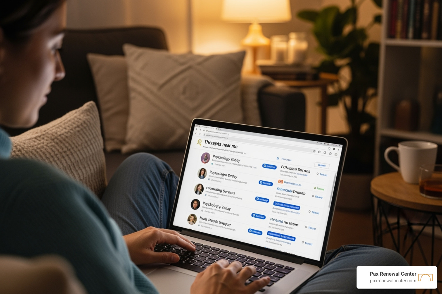 A person searching for a therapist online - long distance premarital counseling A person searching for a therapist online - long distance premarital counseling