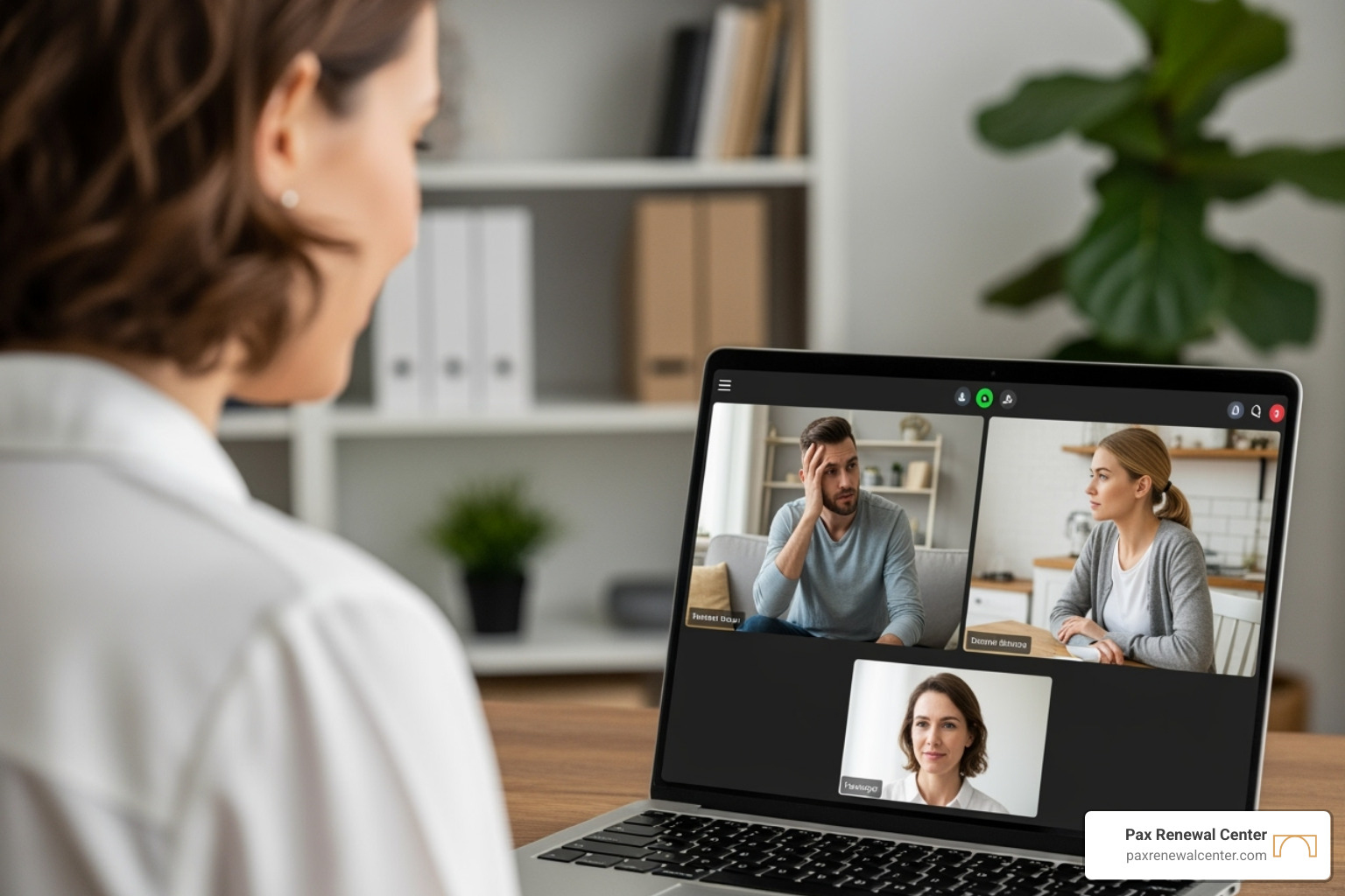 A therapist on a video call with two separate windows for each partner - long distance premarital counseling A therapist on a video call with two separate windows for each partner - long distance premarital counseling