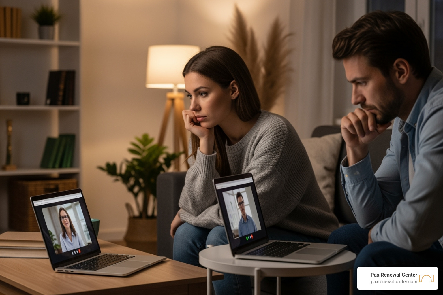 A couple looking thoughtfully at their laptops during a therapy session - long distance premarital counseling A couple looking thoughtfully at their laptops during a therapy session - long distance premarital counseling