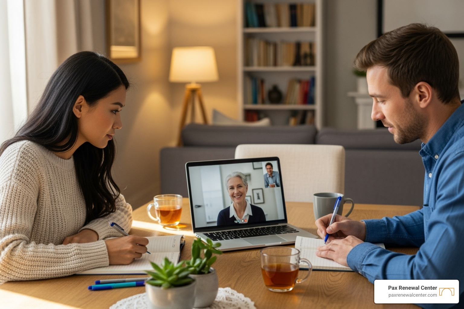 A couple taking notes during a virtual counseling session - long distance premarital counseling A couple taking notes during a virtual counseling session - long distance premarital counseling