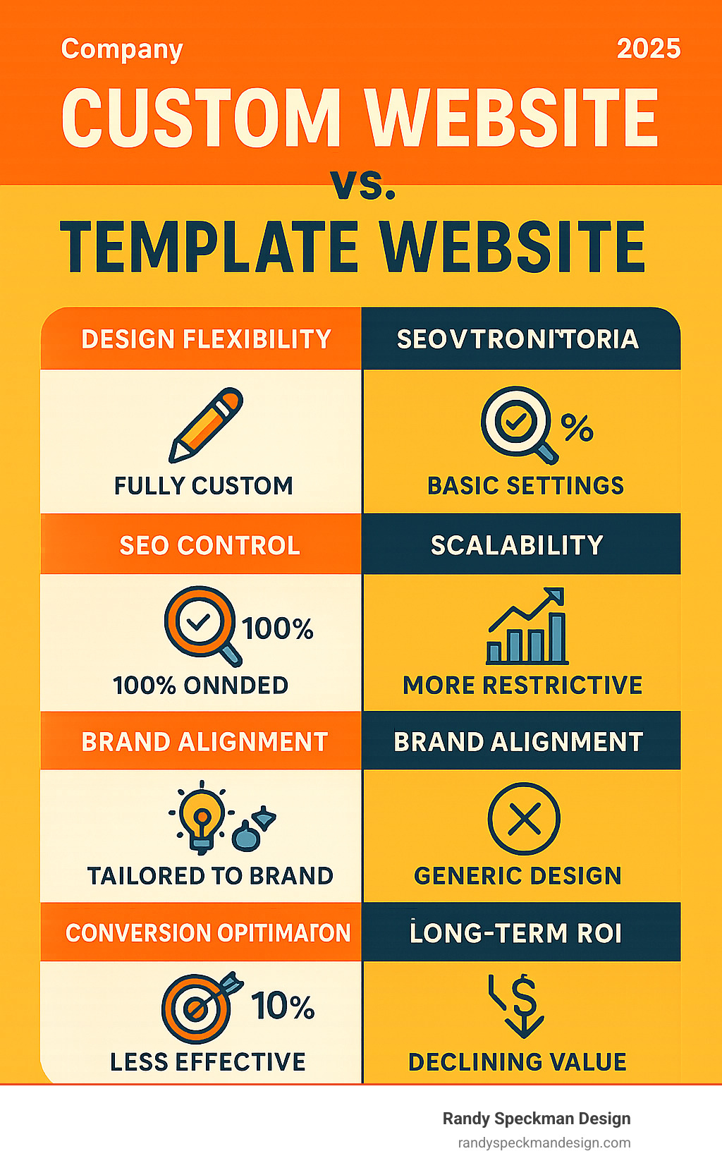 Detailed comparison infographic showing custom website benefits versus template websites, including sections on design flexibility, SEO control, scalability, brand alignment, conversion optimization, and long-term ROI with visual icons and statistics - custom website for business infographic 