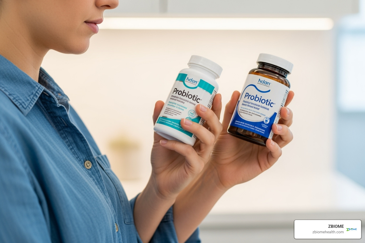 person comparing two probiotic bottles - Best value probiotic
