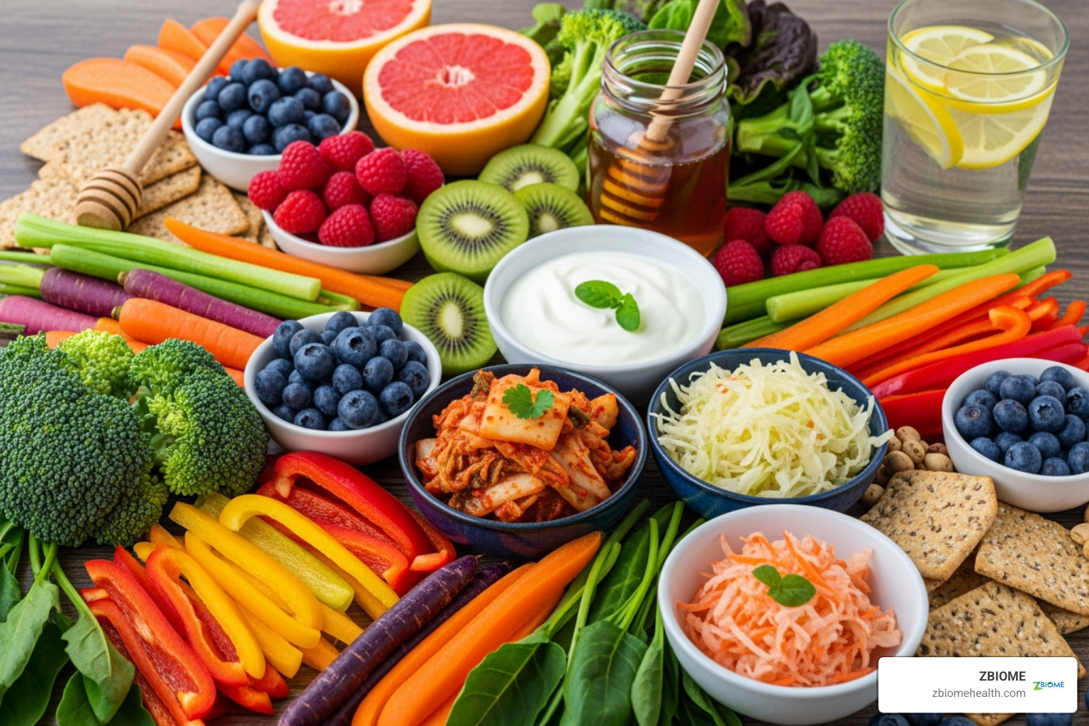 colorful spread of gut-friendly foods like fruits, vegetables, and fermented products - Best gut health