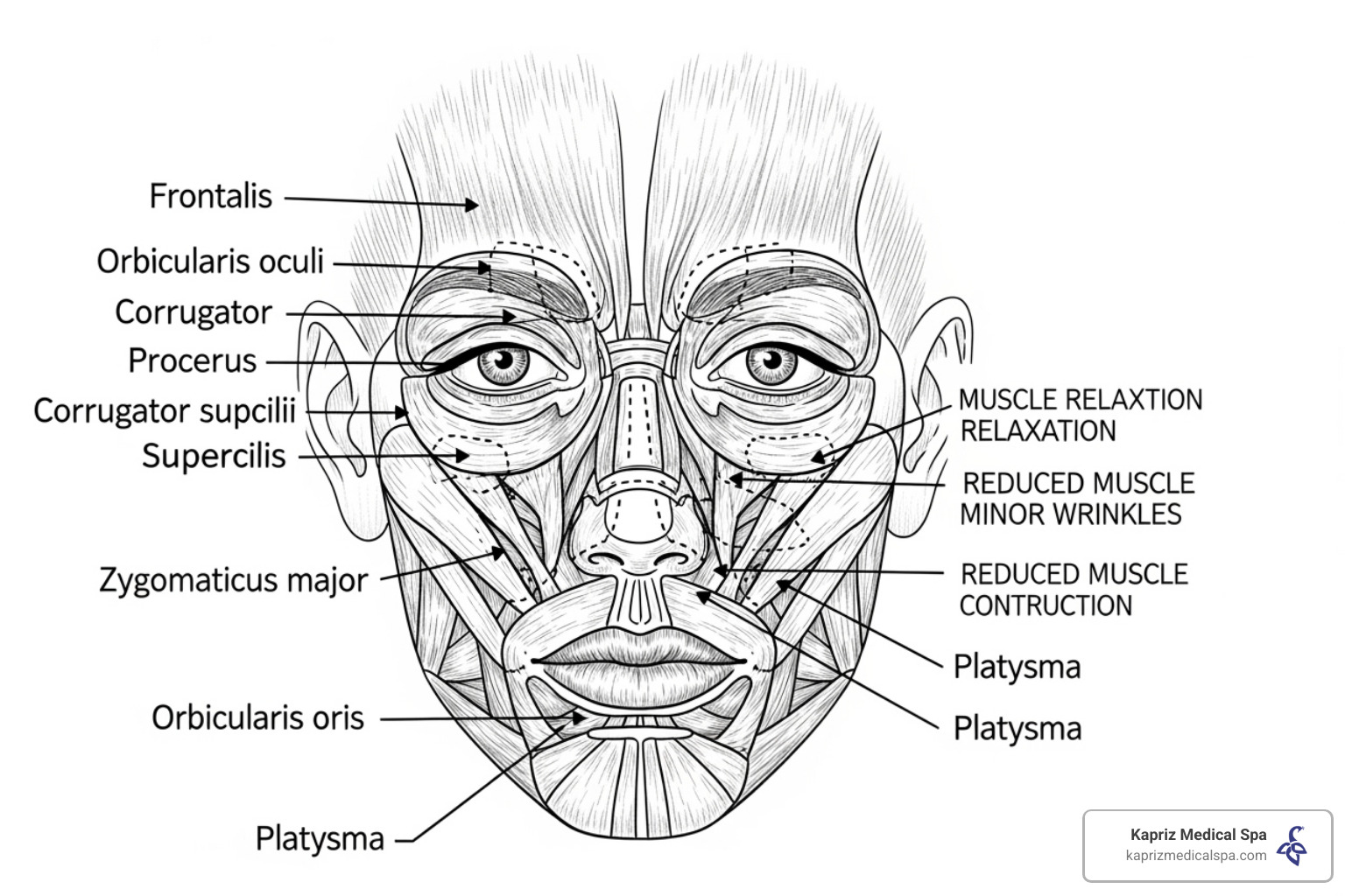 Diagram showing facial muscles and how Botox works - Botox natural facial