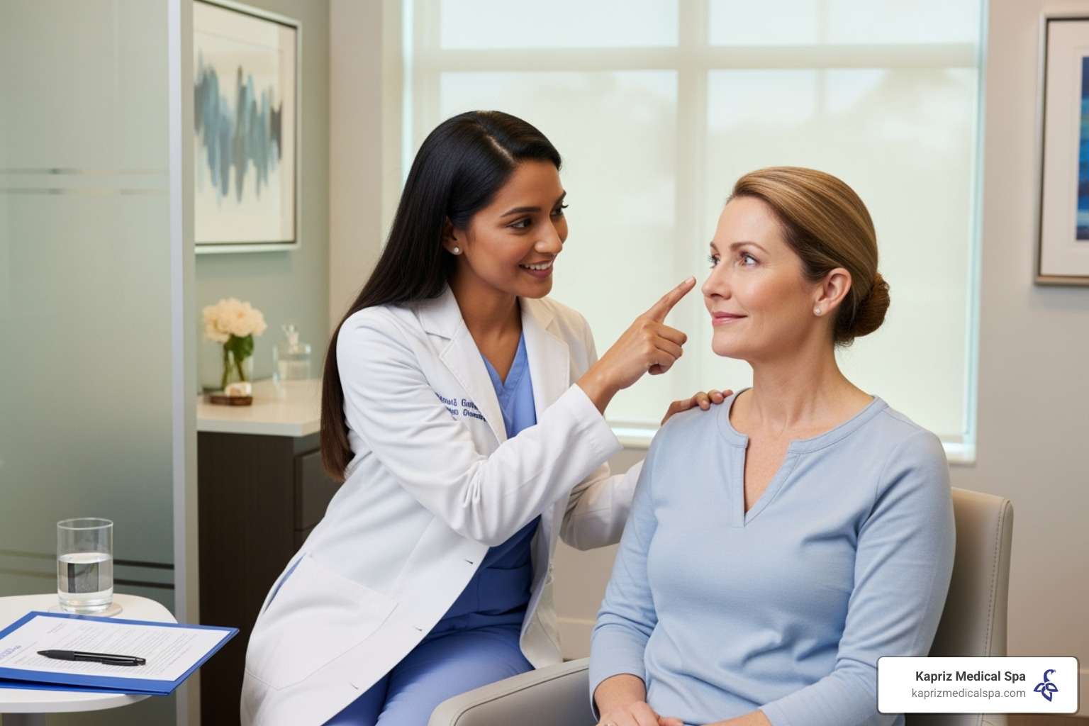 Practitioner consulting with a patient, pointing to facial areas - Botox natural facial