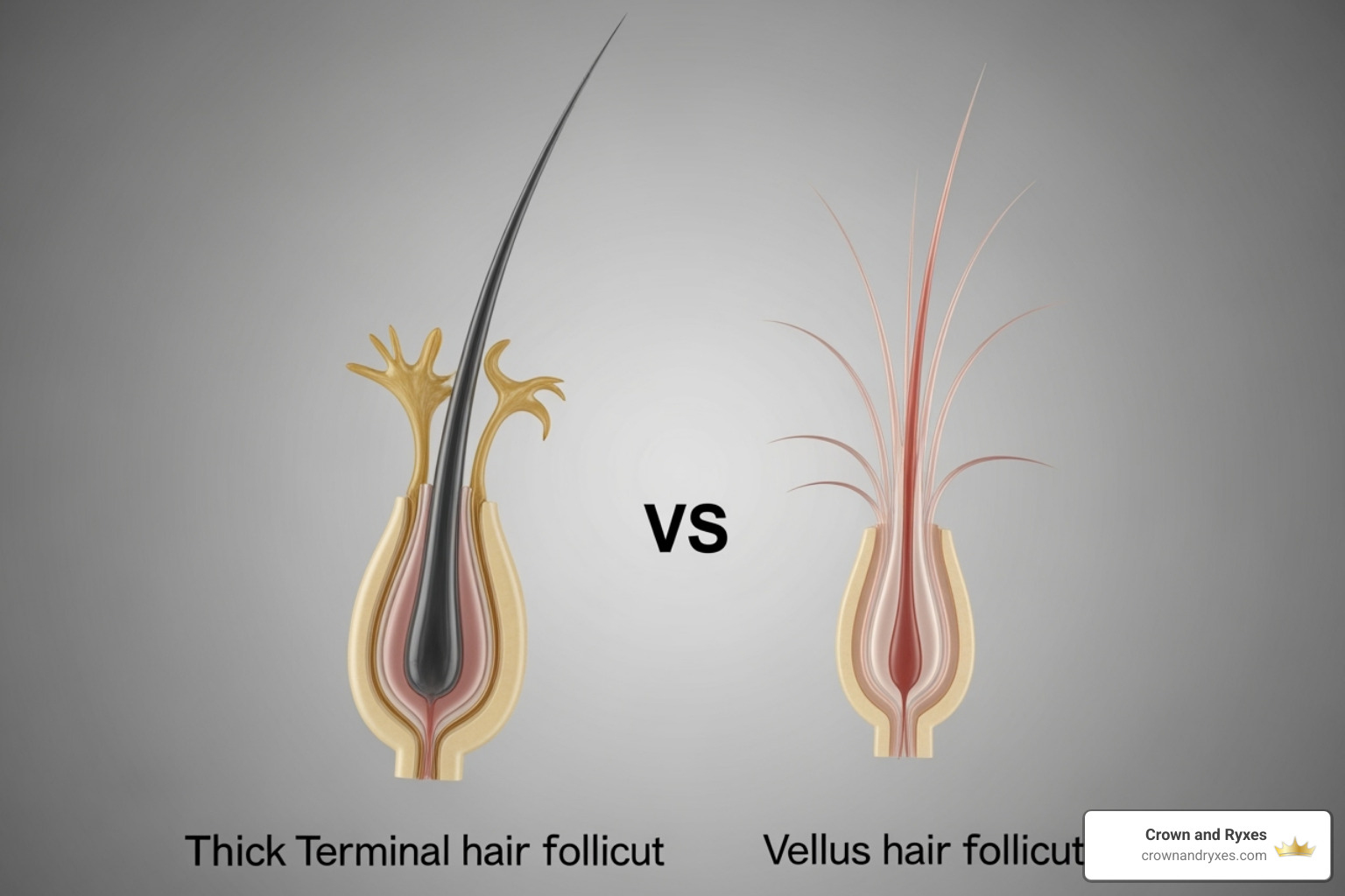 thick terminal hair follicle and a fine vellus hair follicle - hrt body hair