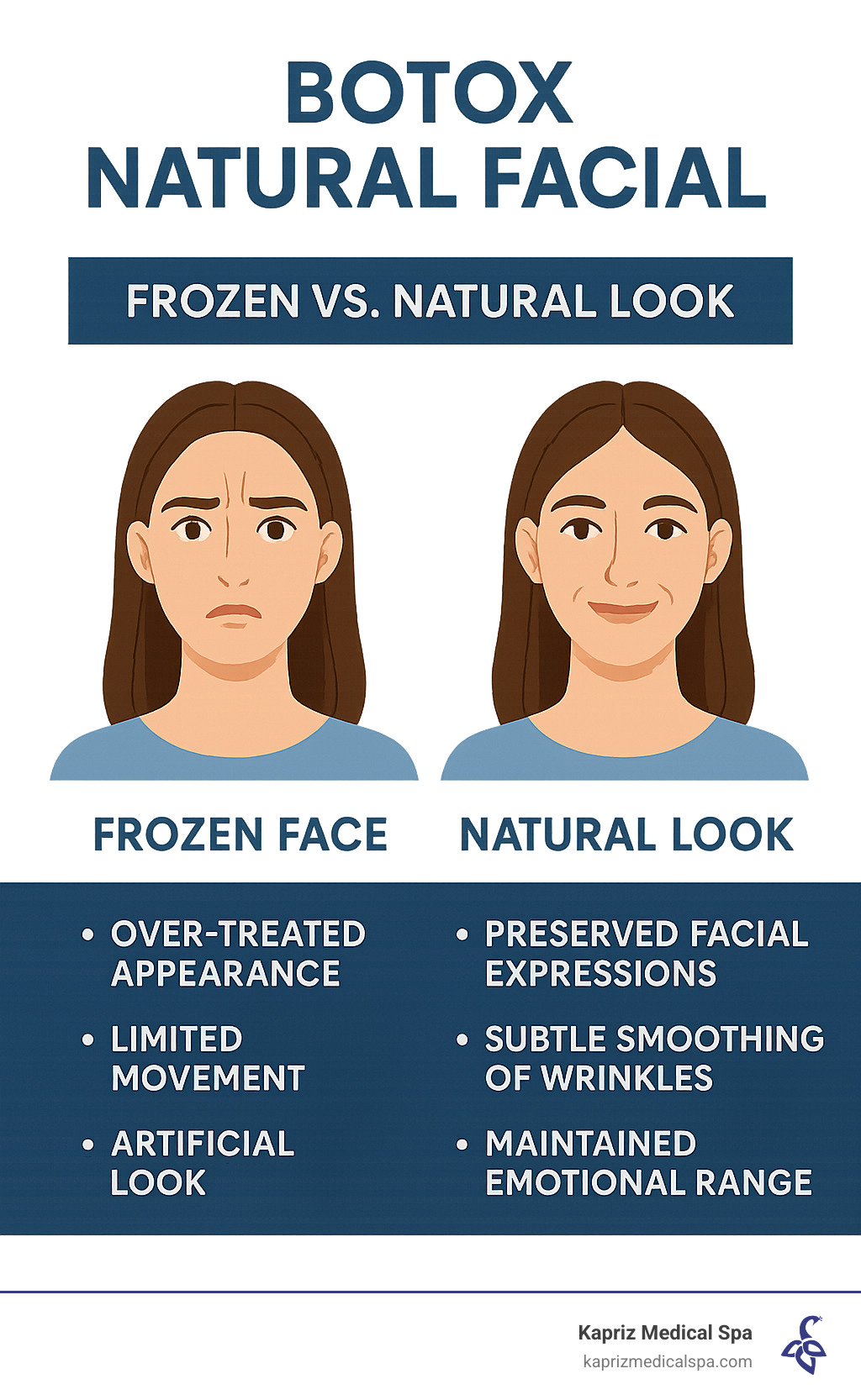 Infographic comparing frozen face results with natural-looking Botox results, showing preserved facial expressions, subtle smoothing of wrinkles, and maintained emotional range versus over-treated appearance with limited movement and artificial look - Botox natural facial infographic 